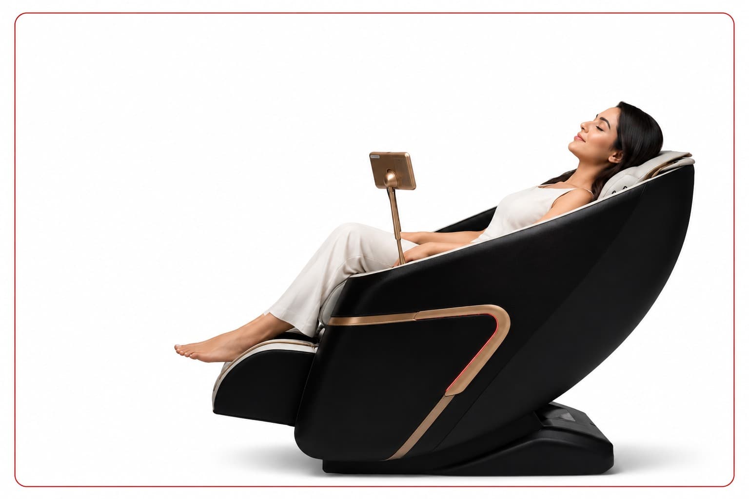 Woman reclining in black and gold RoboSTAR chair